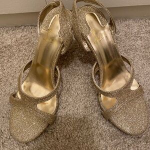 Gold Glitter Open-Toe Heels with Ankle Strap